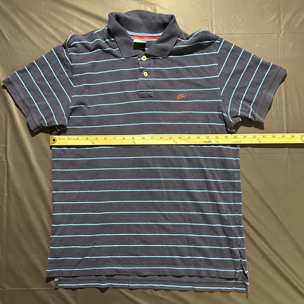 Vintage Nike 2000s Striped Polo Shirt Embroidered Logo Navy Blue Mens Size L